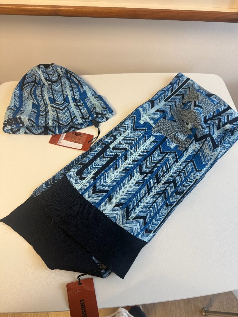 Missoni Hat & Scarf Set NWT 100% Cotton Blue Chevron Zigzag Made in Italy
